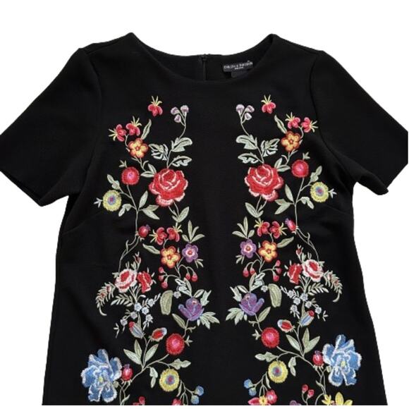 Chelsea & Theodore Black Pink Embroidered Floral Short Sleeve Shift Dress Size 6 - Picture 8 of 12